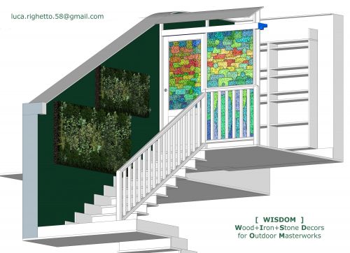 Archisio - Luca Righetto - Progetto Interior design Parete verde lungo la scala con vetrate artistiche